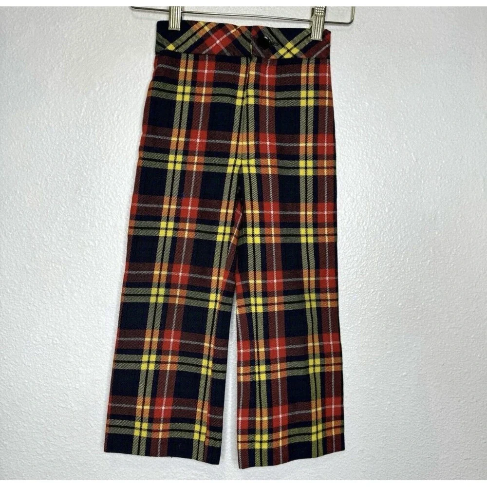 Saks Fifth Avenue Kids Plaid Pants Wool Blend 70s Groovy Fall Red Yellow Holiday